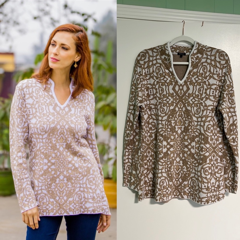 NOVICA Peruvian Pima Cotton Baroque Tunic Sweater Stretch Tan Women's si…